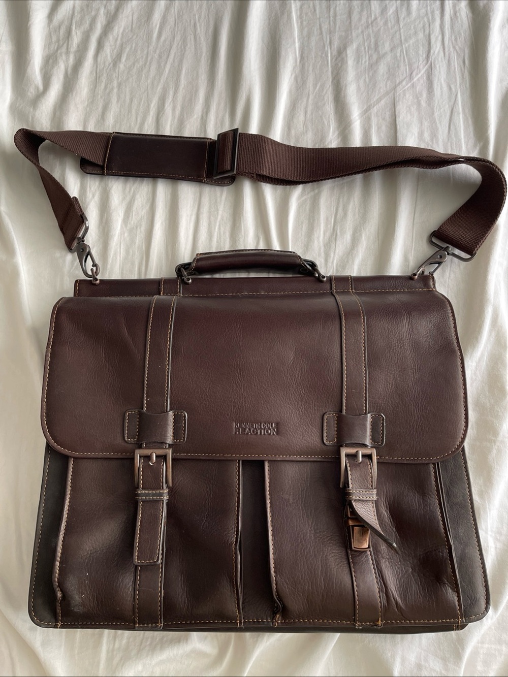Kenneth Cole Reaction Brown Genuine Leather Laptop Briefcase Messenger Bag Heavy